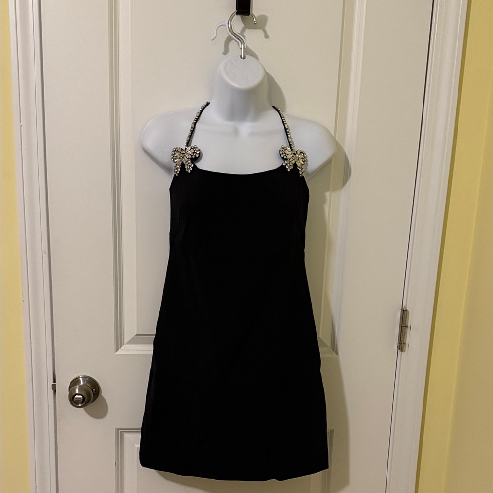 Chic Black Dress with Embellished Halter Straps